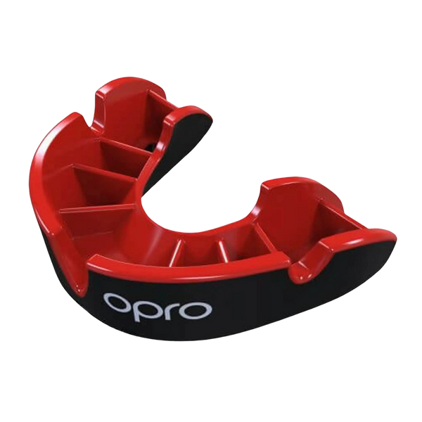 Opro Self-Fit Gen4 Full Pack Silver Junior Sports Mouthguard in Black and Red