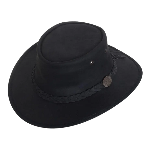 Barmah Full Grain Leather Foldaway Bronco Bush Hat for Men in Black
