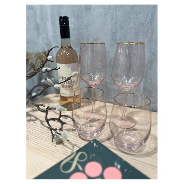 Set Of Two Gold Rim Rose Tint White Wine Glasses
