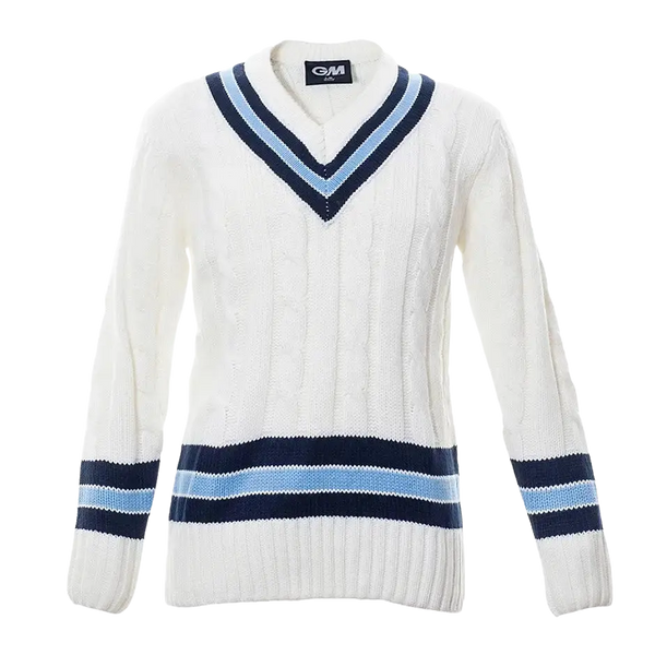 Gunn & Moore Trimmed Long Sleeve Cable Knit Cricket Sweater for Kids in Ivory, Navy & Sky