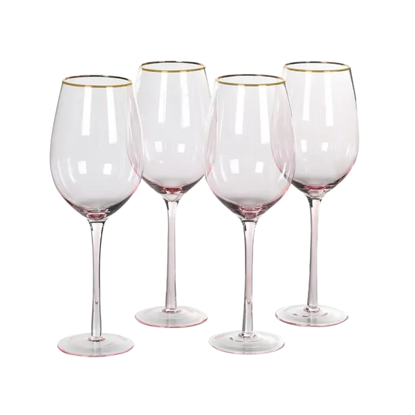 Set Of Two Gold Rim Rose Tint White Wine Glasses