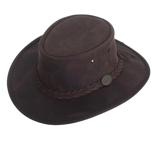 Barmah Full Grain Leather Foldaway Bronco Bush Hat for Men in Dark Brown