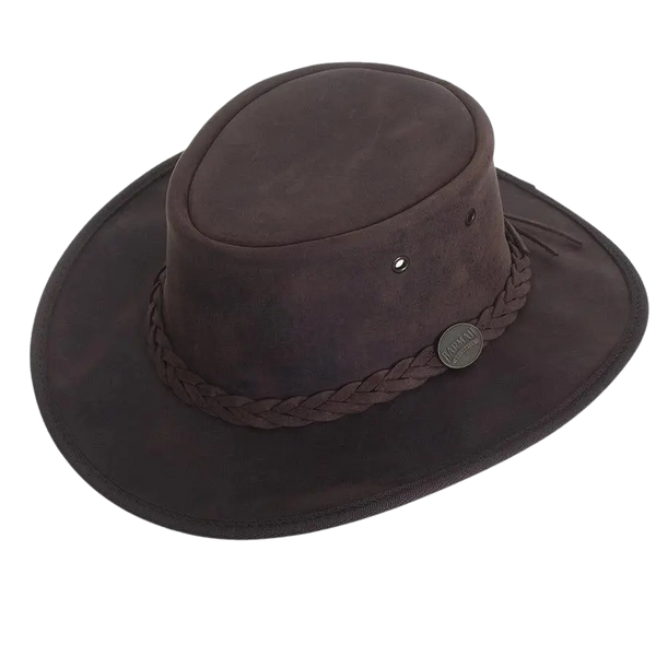 Barmah Full Grain Leather Foldaway Bronco Bush Hat in Dark Brown