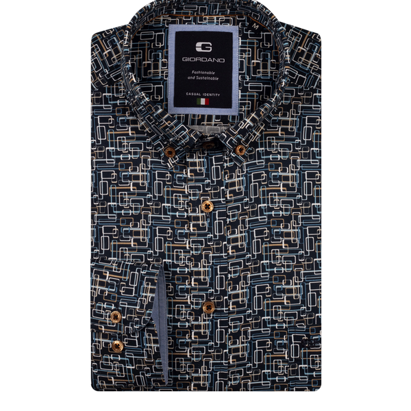 Giordano Long Sleeve Button Down Geometric Print Stretch Shirt