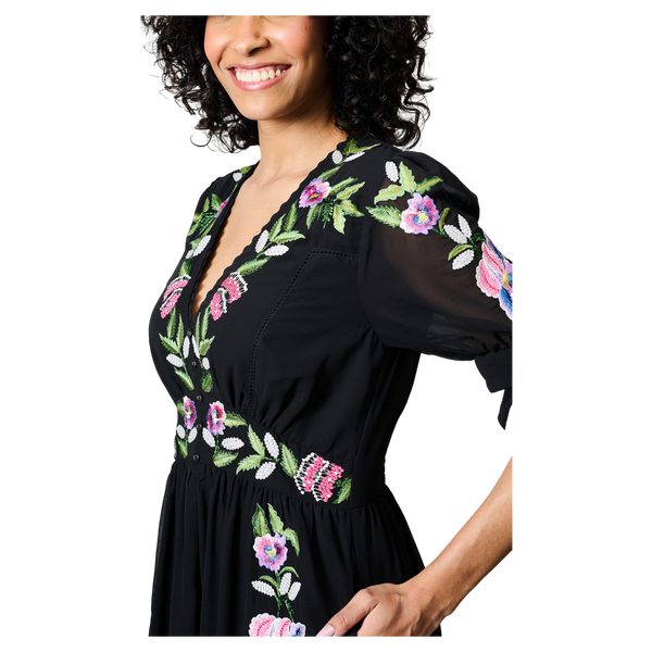 Hope & Ivy April Embroidered Tie Sleeve V-neck Midi Dress Tiered Skirt