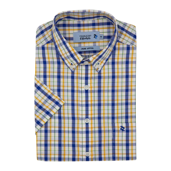 Double Two Check Button-Down Short Sleeve Shirt for Men