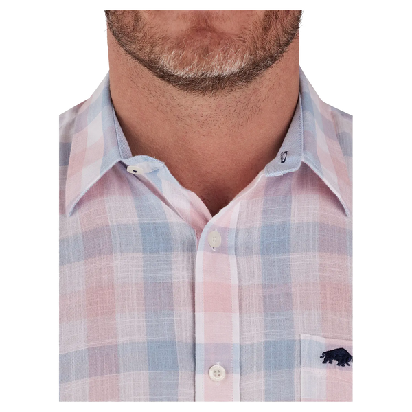 Raging Bull Large Check Linen/Cotton Short Sleeve Shirt for Men