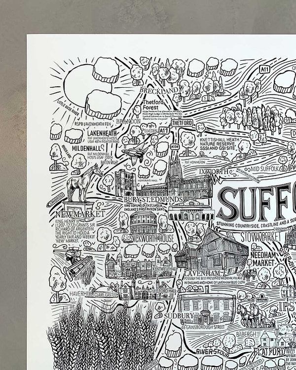 Suffolk Hand Drawn A2 Framed Art Print