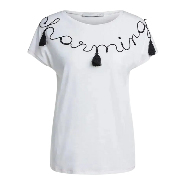 Oui Embroidered Charming T-Shirt for Women in White