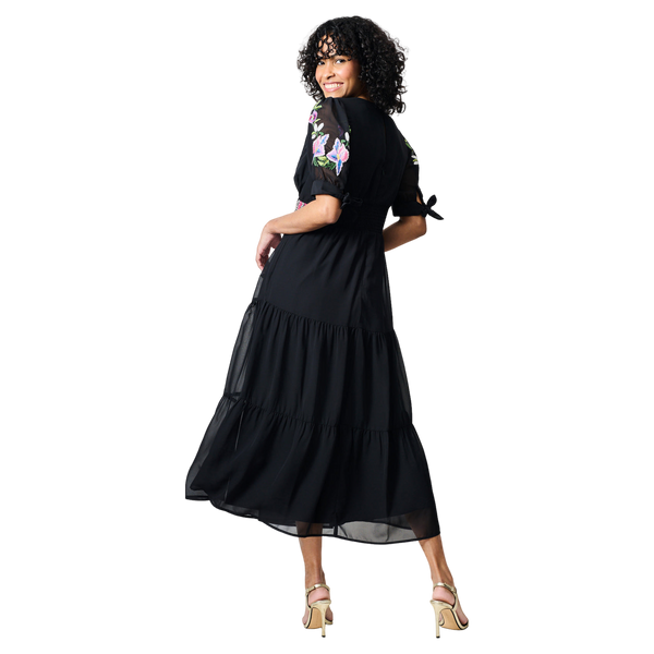 Hope & Ivy April Embroidered Tie Sleeve V-neck Midi Dress Tiered Skirt