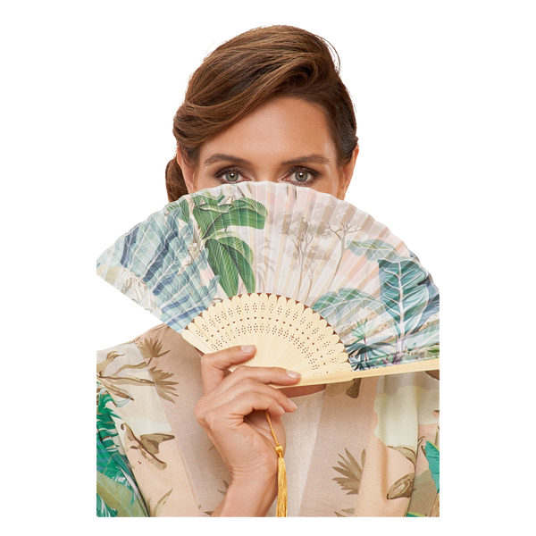 Powder Oasis Satin and Bamboo Hand Fan