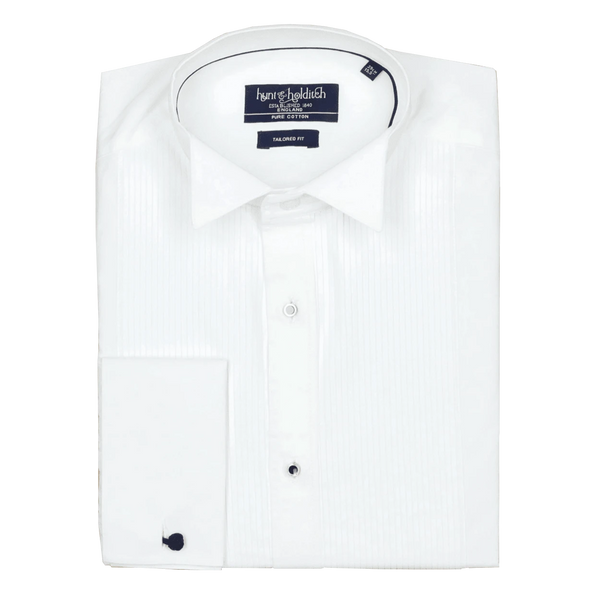 Hunt & Holditch Wing Collar Pleat Stud Dress Shirt for Men in White