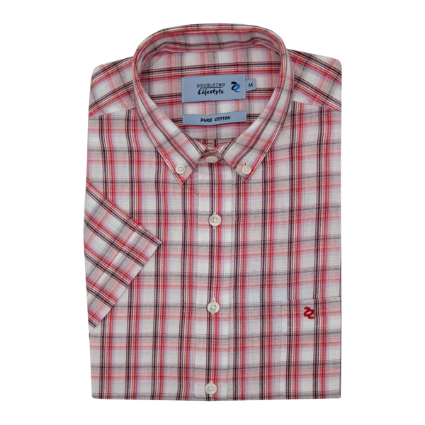 Double Two Bold Check Button-Down Short Sleeve Shirt for Men