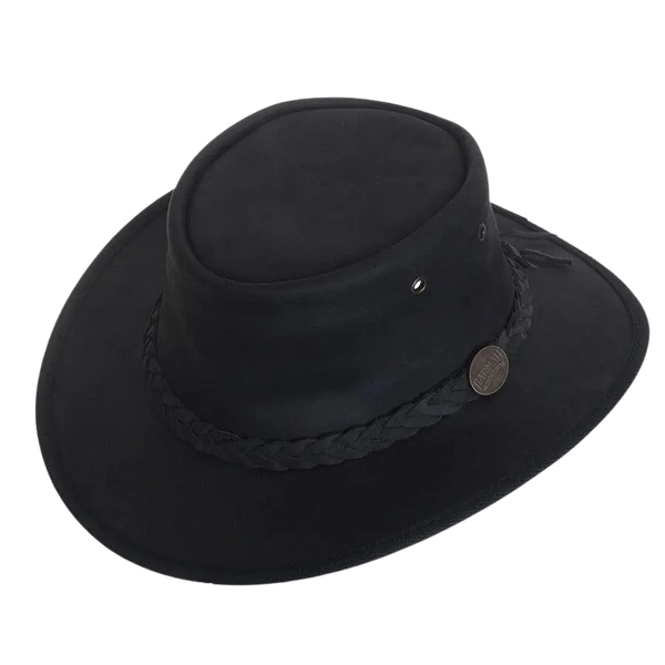 Barmah Full Grain Leather Foldaway Bronco Bush Hat in Black
