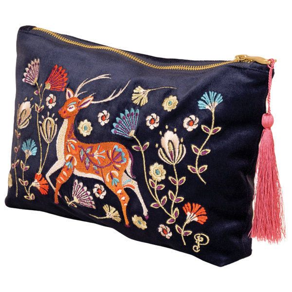 Powder Folk Art Deer Velvet Zip Pouch Bag