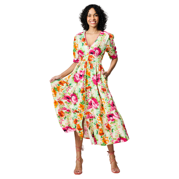 Hope & Ivy Zeena V-neck Full Skirt Tea Dress With Puff Sleeves