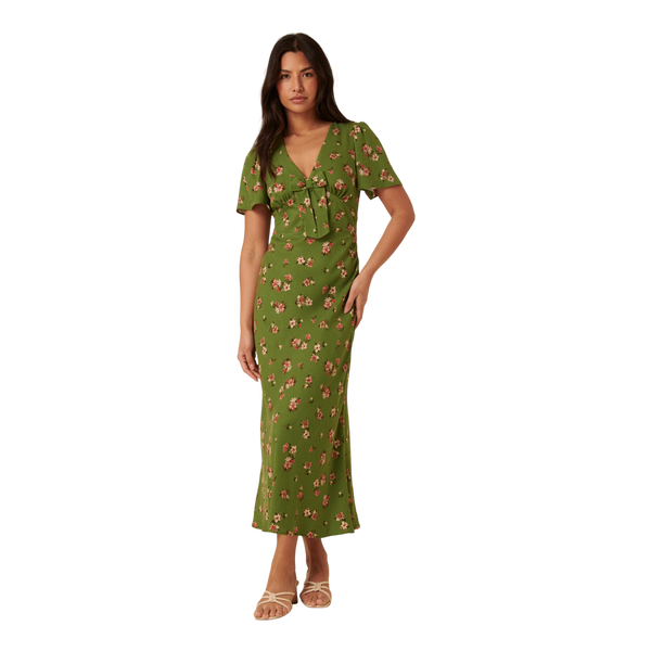 Nobody's Child Faith Bow Front Midi Dress - Green Floral Print