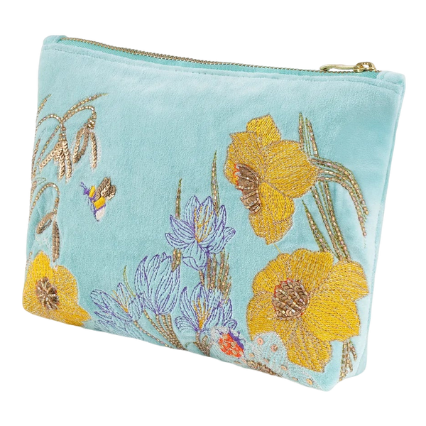 Powder Velvet Embroidered Zip Pouch