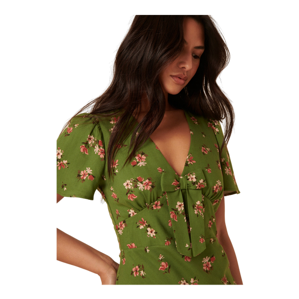 Nobody's Child Faith Bow Front Midi Dress - Green Floral Print