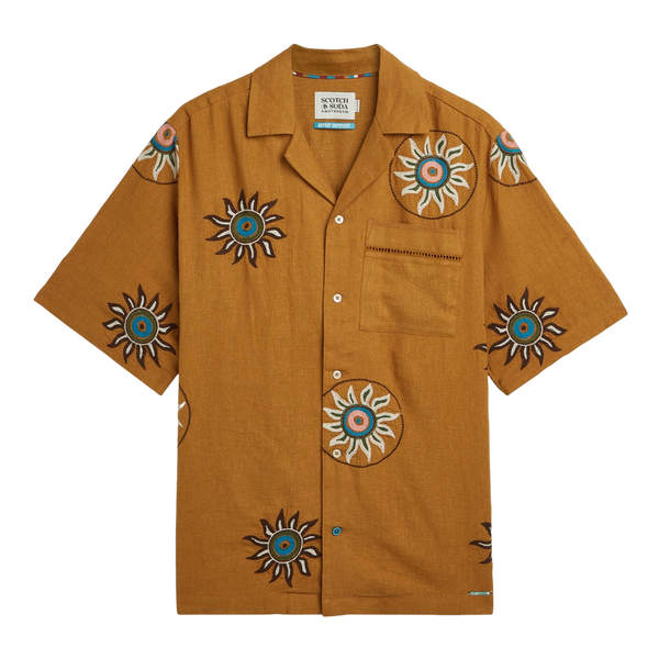 Scotch & Soda Embroidered Linen Short Sleeve Shirt