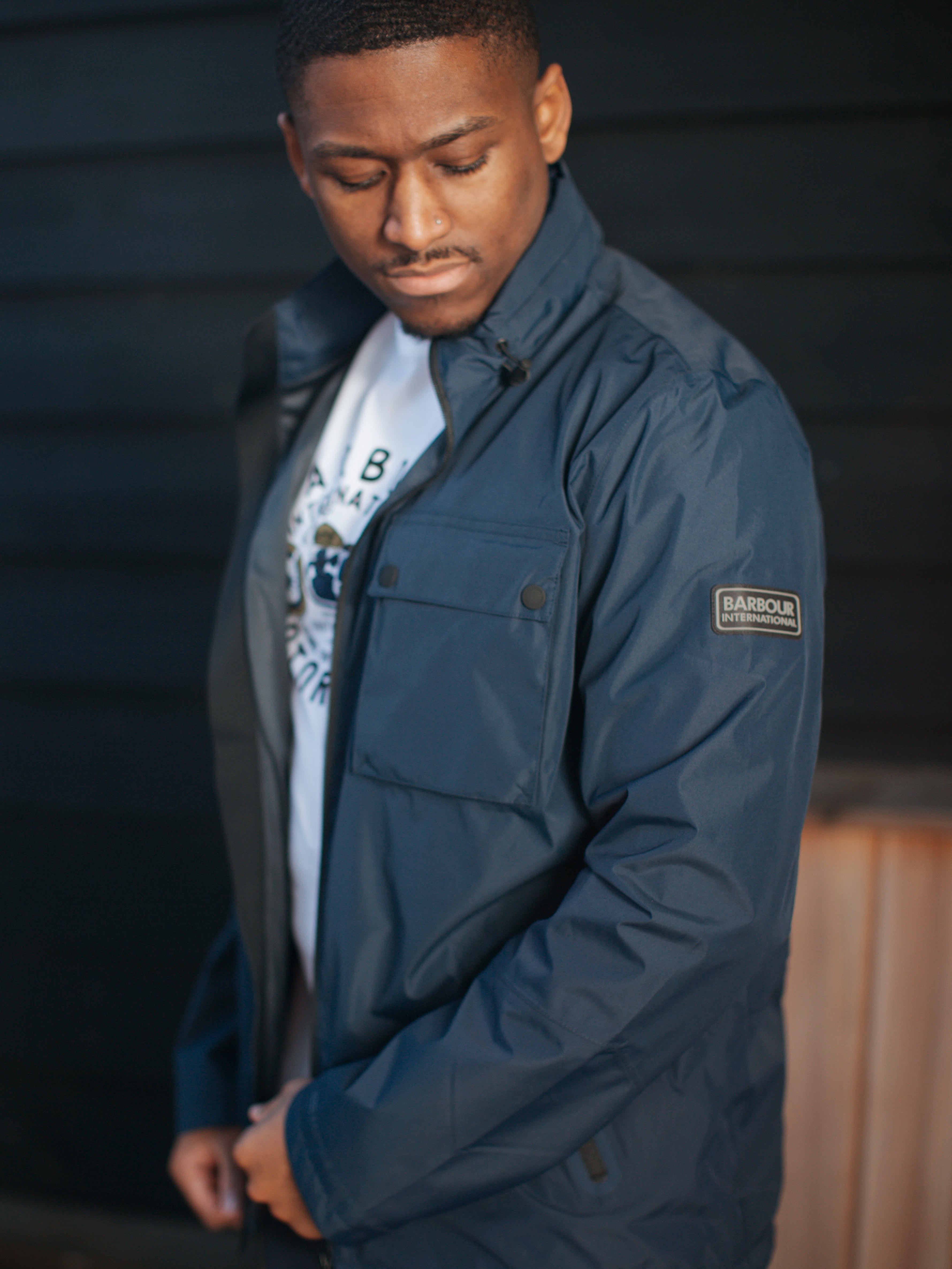 Barbour international blue jacket on sale