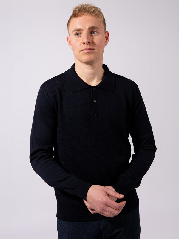 William David Textured Front Long Sleeve Polo