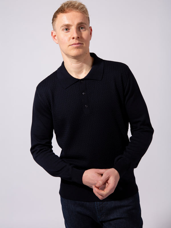 William David Textured Front Long Sleeve Polo