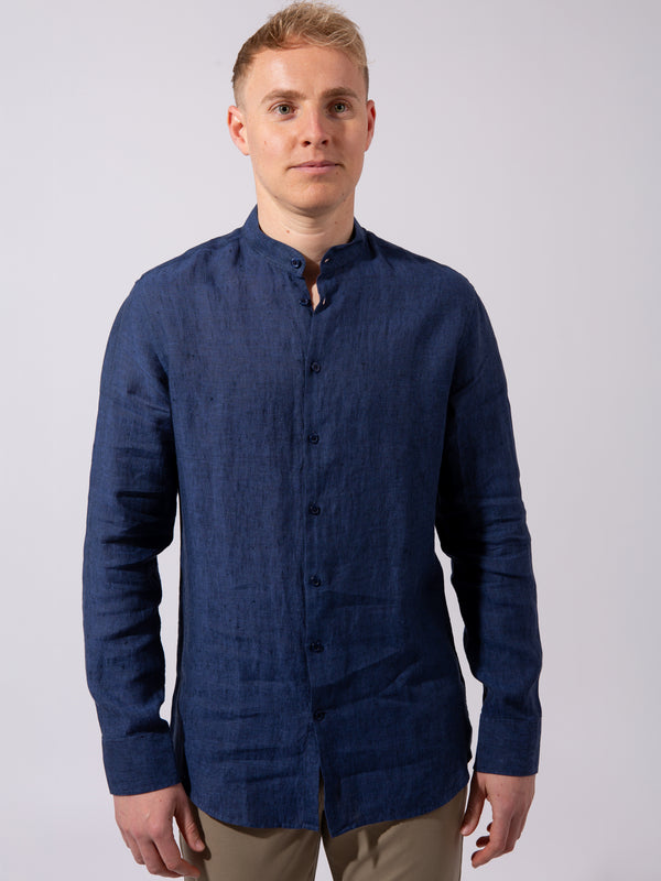 William David Orford Linen Nehru Collar Long Sleeve Shirt