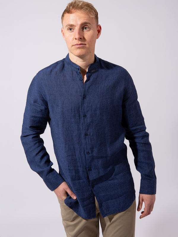 William David Orford Linen Nehru Collar Long Sleeve Shirt