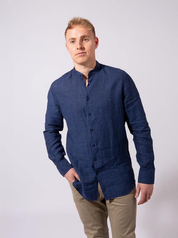 William David Orford Linen Nehru Collar Long Sleeve Shirt