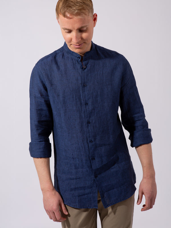 William David Orford Linen Nehru Collar Long Sleeve Shirt
