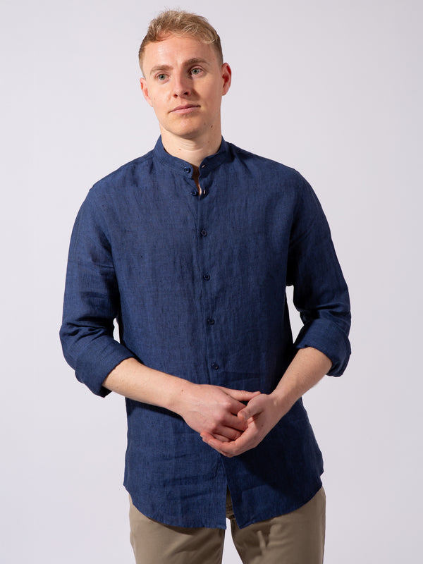 William David Orford Linen Nehru Collar Long Sleeve Shirt