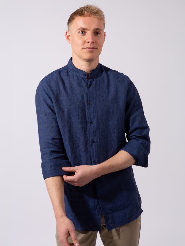 William David Orford Linen Nehru Collar Long Sleeve Shirt