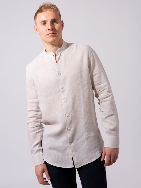 William David Orford Linen Nehru Collar Long Sleeve Shirt