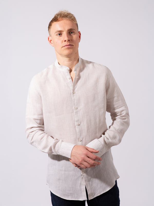 William David Orford Linen Nehru Collar Long Sleeve Shirt