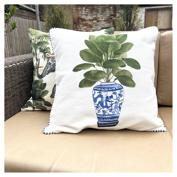 Plant In Blue Urn Cotton Cushion Cover