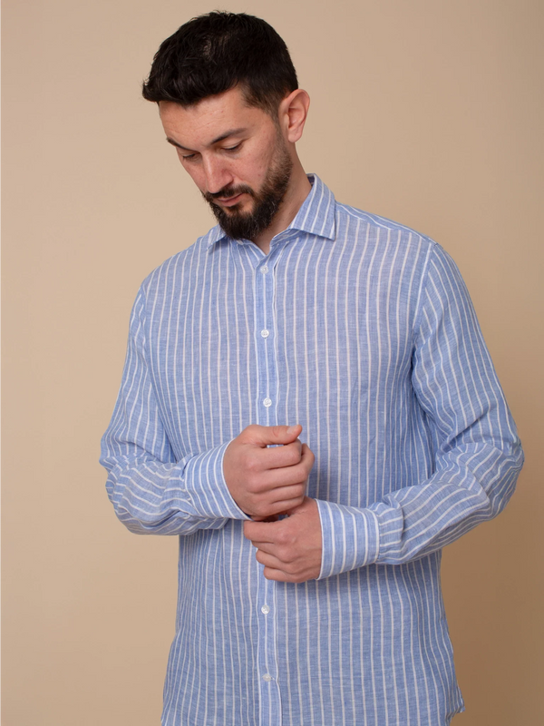 William David Orford Linen Wide Stripe Long Sleeve Shirt