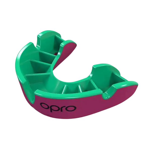 Opro Self-fit Silver Mouthguard for Adults and Juniors in Pink and Green