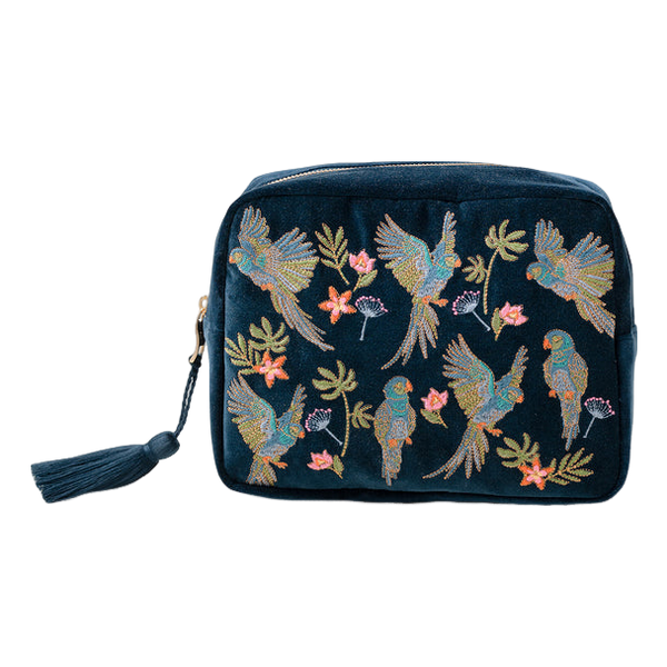 Elizabeth Scarlett Flying Parrots Velvet Wash Bag