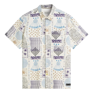 Scotch & Soda Printed Linen Blend Regular Fit Short Sleeve Shirt - Flyer Eggnog