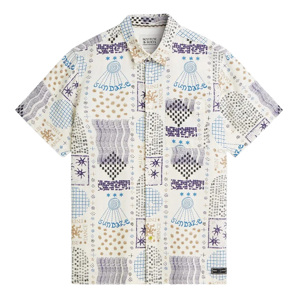 Scotch & Soda Printed Linen Blend Regular Fit Short Sleeve Shirt - Flyer Eggnog