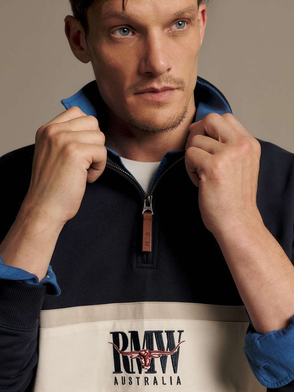 R. M. Williams Classic Quarter Zip Sweatshirt - Navy/Sand