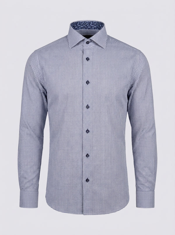 William David Long Sleeve Formal Shirt With Trim - Navy/White Check