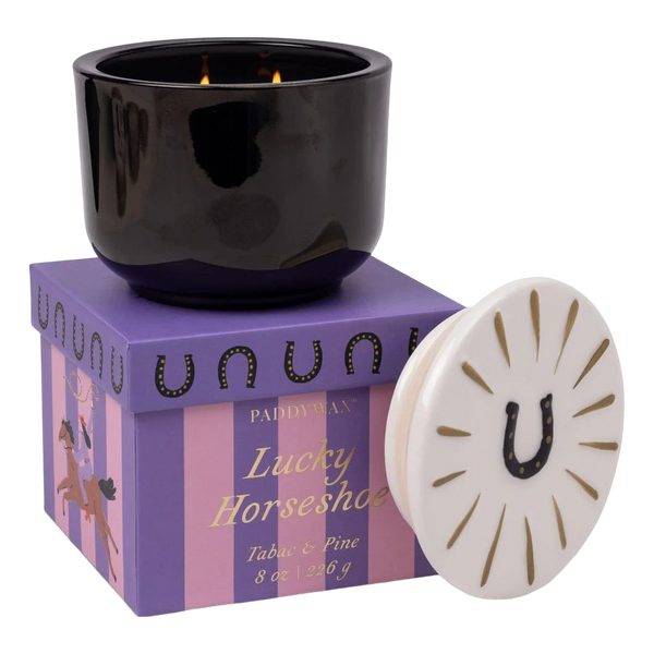 Charmed 8oz Black Glass Candle With Horse Shoe Ceramic Lid