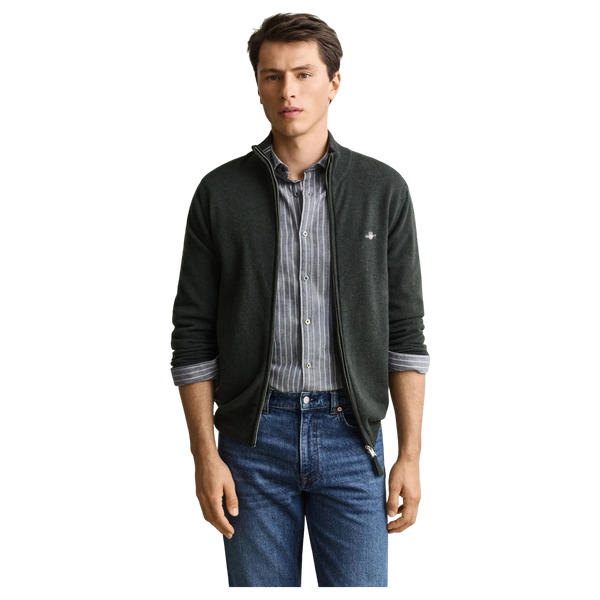 GANT Superfine Lambswool Zip Cardigan - Dark Moss Green