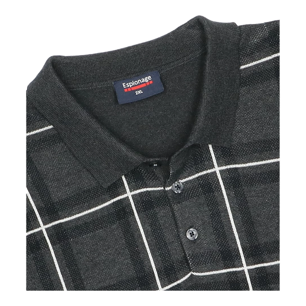 Espionage Check Front Long Sleeve Knitted Polo for Men
